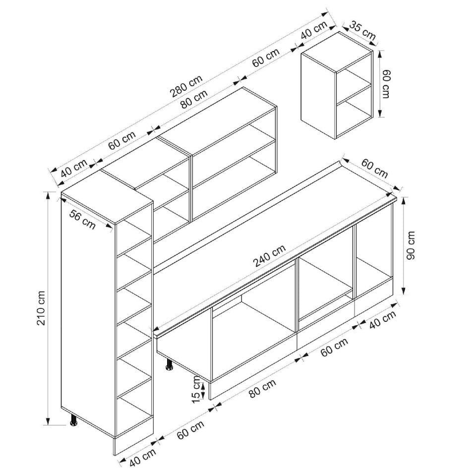 Alvinka 280X210 Cm Klasik Mebran Mutfak Dolabı Beyaz Beyaz Mb-E80B40S40-2