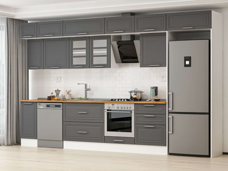 Alvinka 390X240 Cm Klasik Mebran Mutfak Dolabı Mb-E90S40S60-3 Mebran | Antrasit - Mdf
