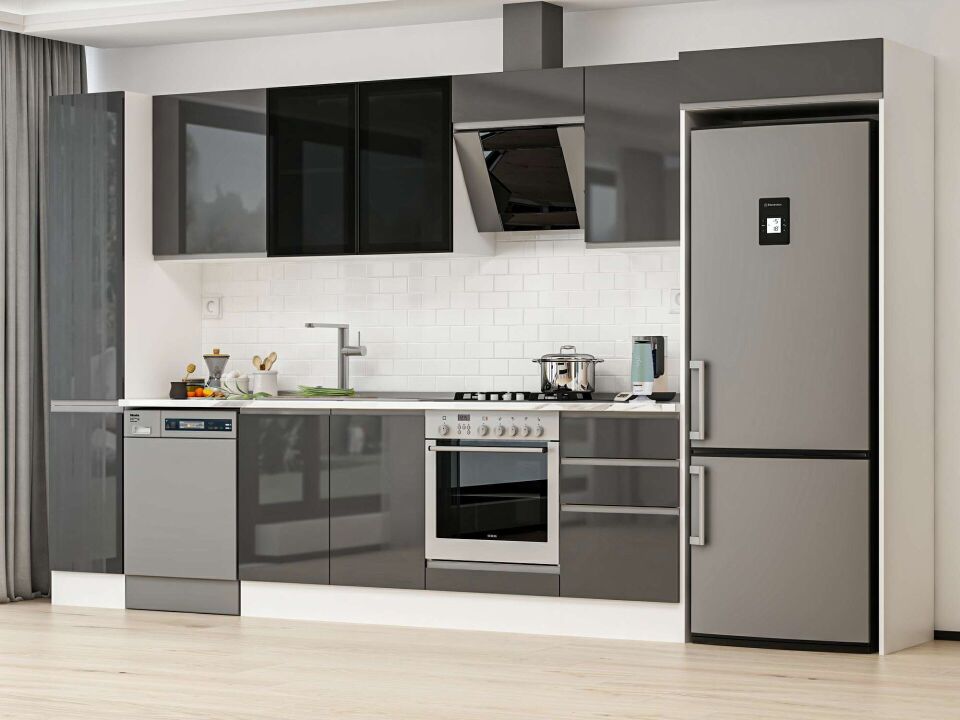 Alvinka 370X222 Cm High Gloss Mutfak Dolabı Mbb-E80B40S50-3 High Gloss | Antrasit - Mdf