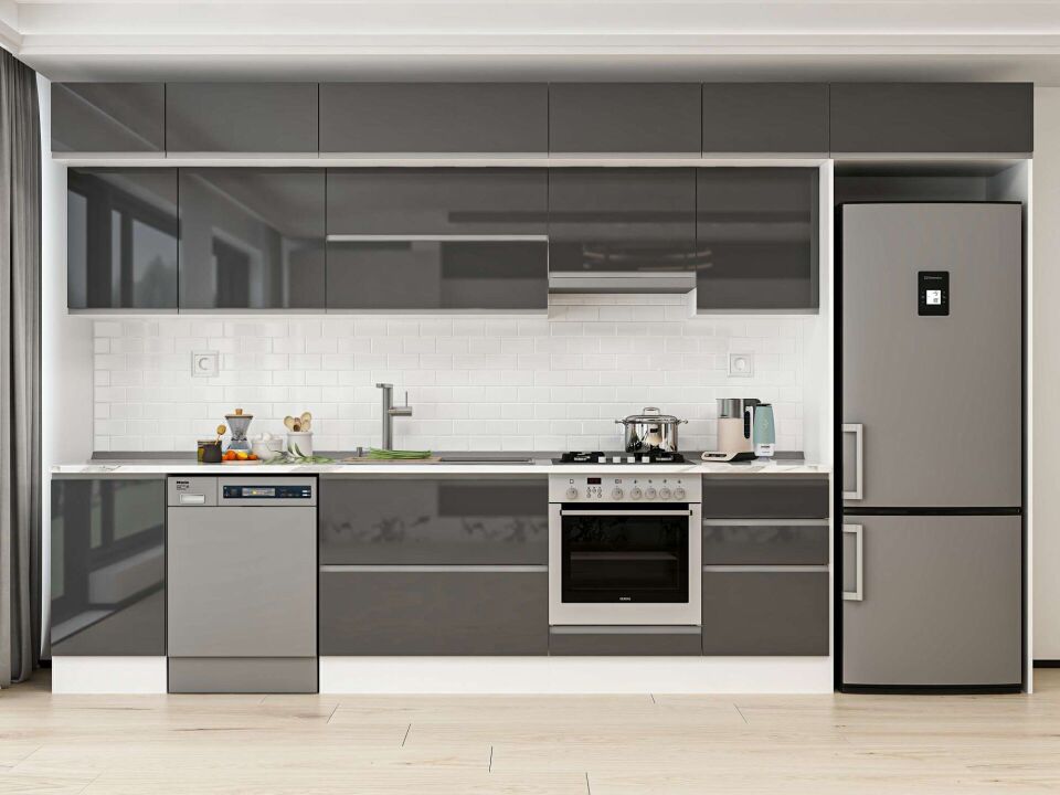 Alvinka 385X240 Cm High Gloss Mutfak Dolabı Mb-E90S45S50-1 High Gloss | Antrasit - Mdf