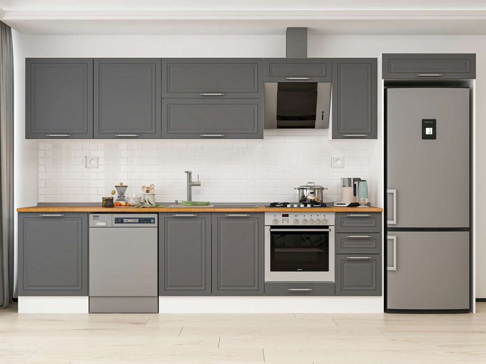 Alvinka 390X222 Cm Klasik Mebran Mutfak Dolabı Mb-E90S60S40-2 Mebran | Antrasit - Mdf