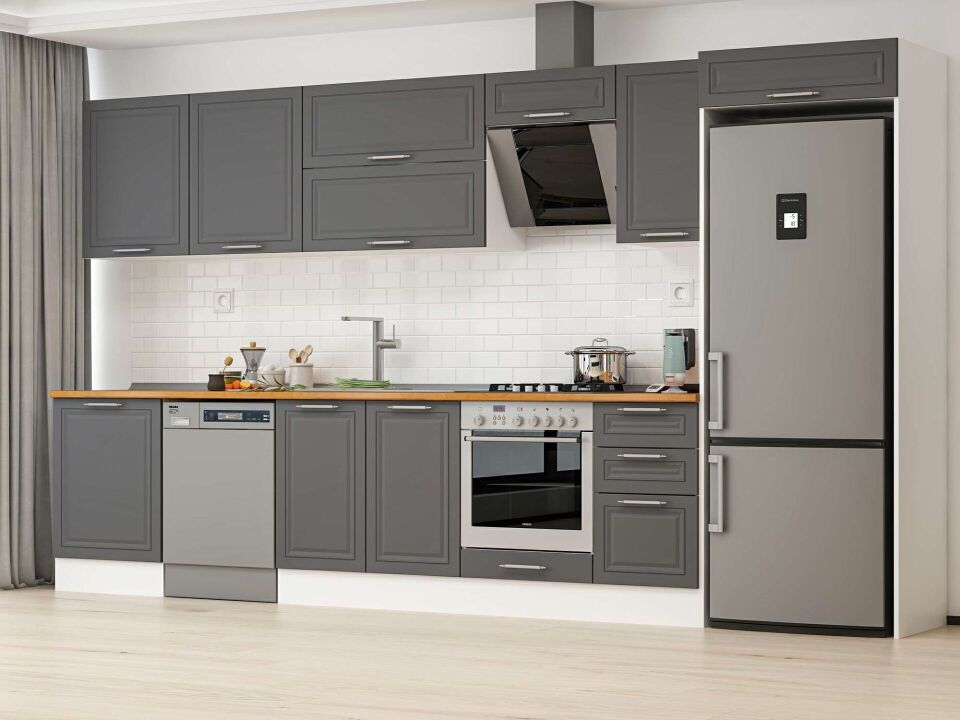Alvinka 390X222 Cm Klasik Mebran Mutfak Dolabı Mb-E90S60S40-2 Mebran | Antrasit - Mdf