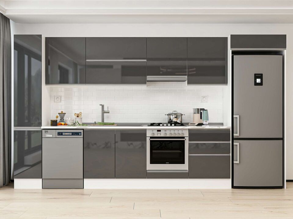 Alvinka 380X222 Cm High Gloss Mutfak Dolabı Mbb-E80B40S60-1 High Gloss | Antrasit - Mdf