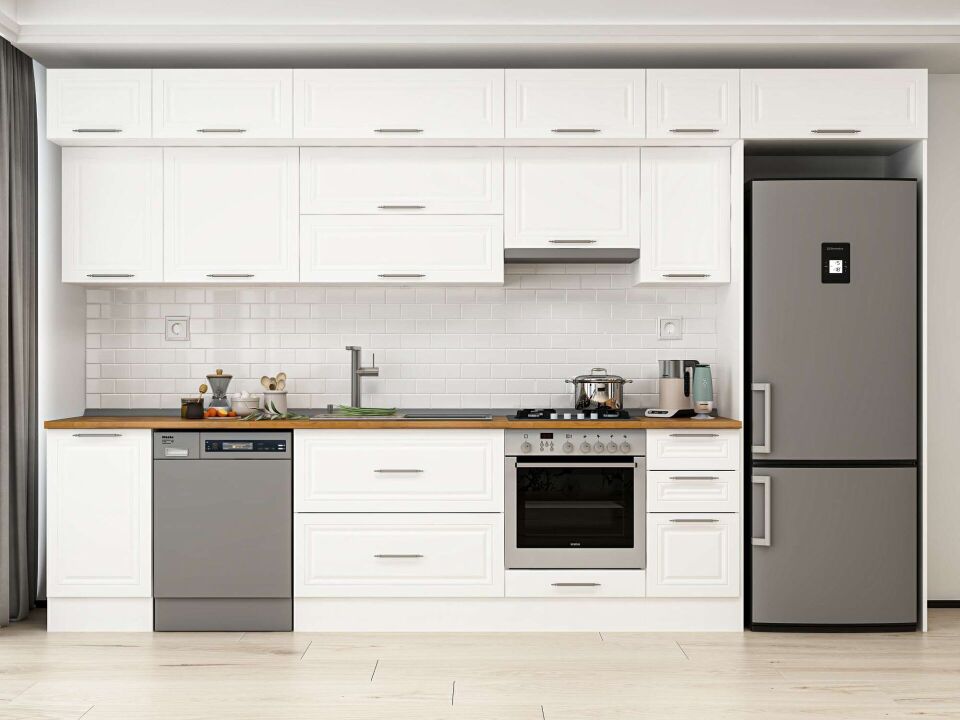 Alvinka 375X240 Cm Klasik Mebran Mutfak Dolabı Mb-E90S45S40-1 Mebran | Beyaz - Mdf