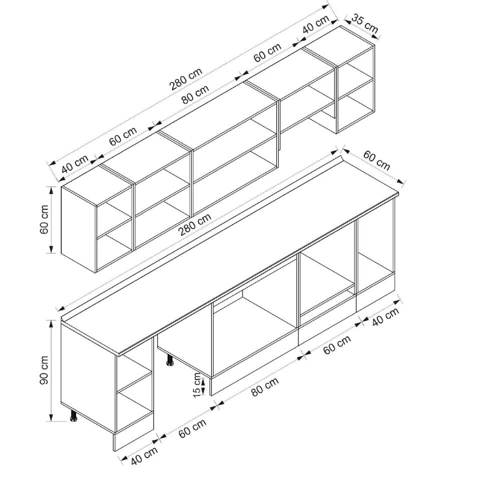 Alvinka 280X210 Cm High Gloss Mutfak Dolabı M-E80S40S40-1 High Gloss | Antrasit - Mdf