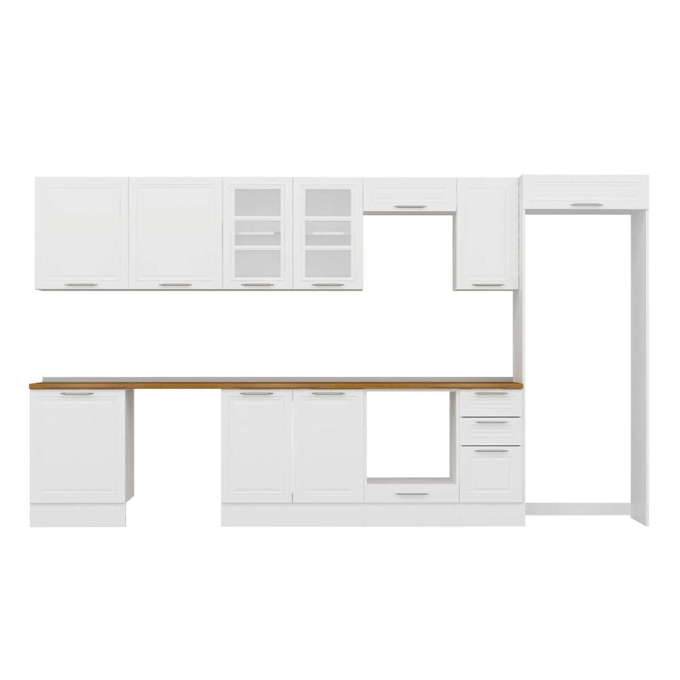 Alvinka 390X222 Cm Klasik Mebran Mutfak Dolabı Mb-E90S60S40-3 Mebran | Beyaz - Mdf