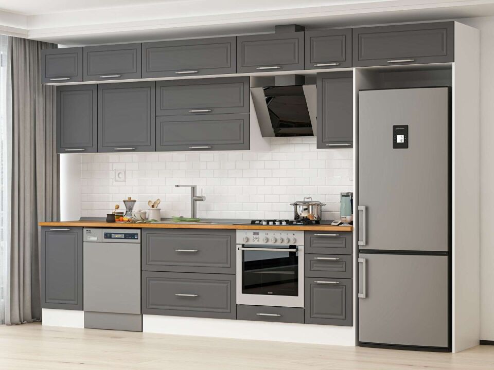 Alvinka 375X240 Cm Klasik Mebran Mutfak Dolabı Mb-E90S45S40-2 Mebran | Antrasit - Suntalam