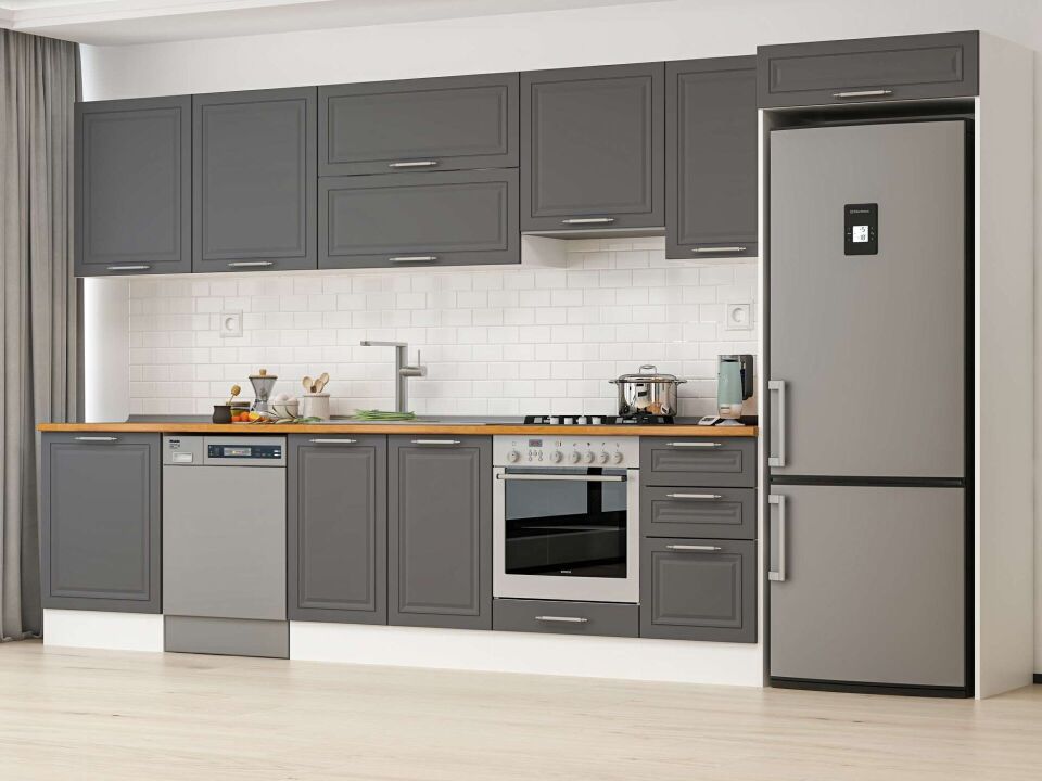 Alvinka 395X222 Cm Klasik Mebran Mutfak Dolabı Mb-E90S60S45-1 Mebran | Antrasit - Suntalam
