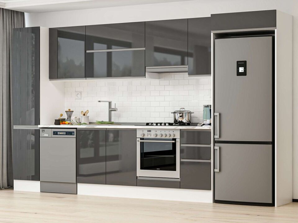 Alvinka 365X222 Cm High Gloss Mutfak Dolabı Mbb-E80B45S40-1 High Gloss | Antrasit - Suntalam