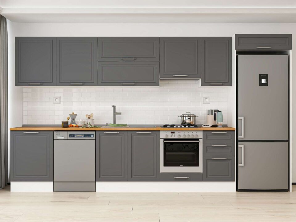 Alvinka 395X222 Cm Klasik Mebran Mutfak Dolabı Mb-E90S60S45-1 Mebran | Antrasit - Mdf