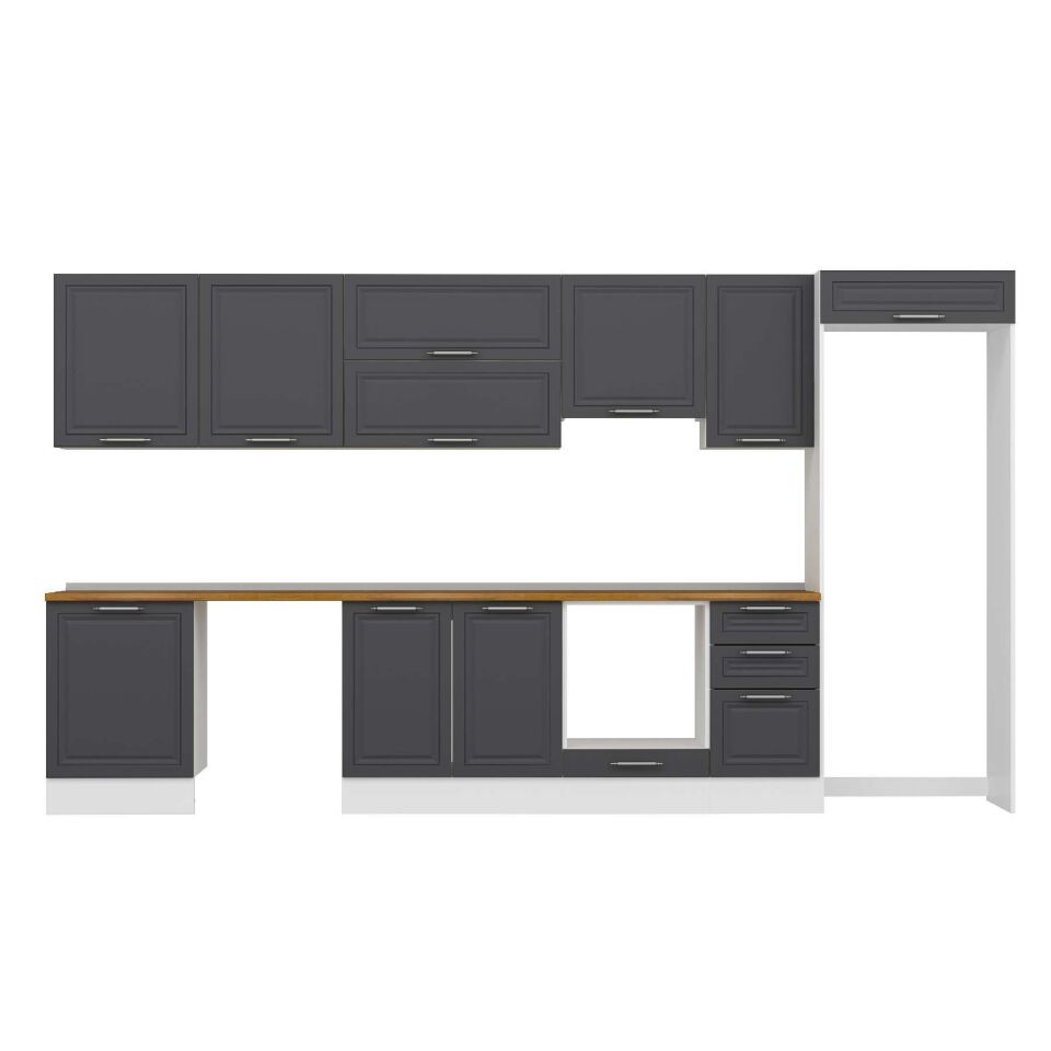 Alvinka 395X222 Cm Klasik Mebran Mutfak Dolabı Mb-E90S60S45-1 Mebran | Antrasit - Mdf