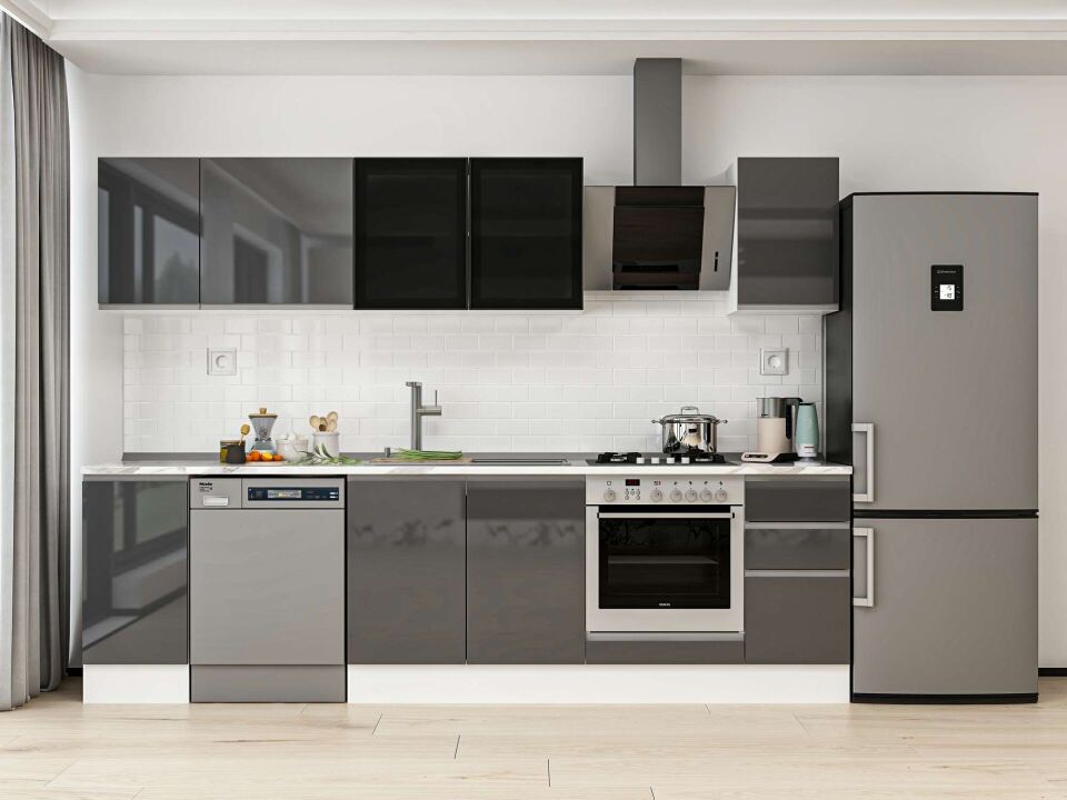 Alvinka 280X210 Cm High Gloss Mutfak Dolabı M-E80S40S40-3 High Gloss | Antrasit - Mdf