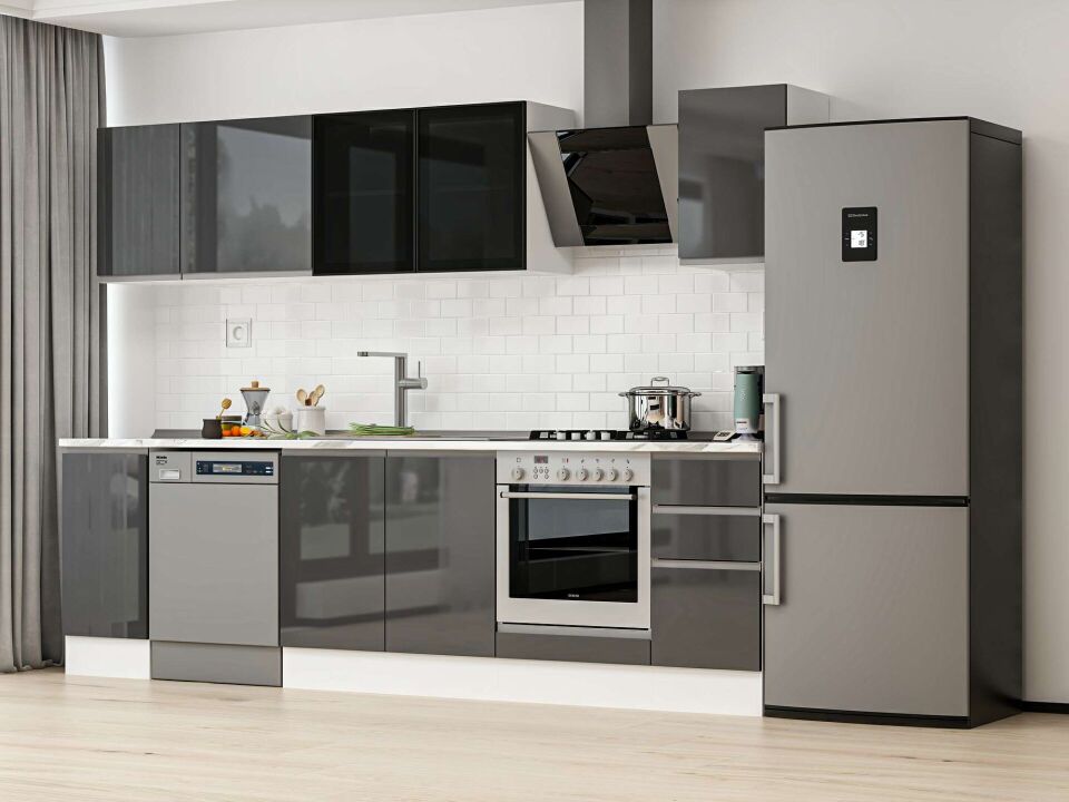 Alvinka 280X210 Cm High Gloss Mutfak Dolabı M-E80S40S40-3 High Gloss | Antrasit - Mdf