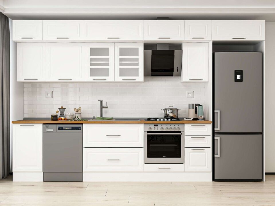 Alvinka 375X240 Cm Klasik Mebran Mutfak Dolabı Mb-E90S45S40-3 Mebran | Beyaz - Mdf