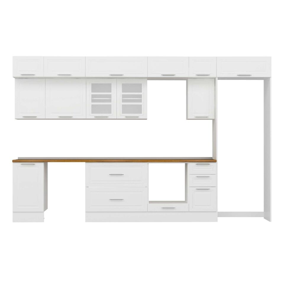 Alvinka 375X240 Cm Klasik Mebran Mutfak Dolabı Mb-E90S45S40-3 Mebran | Beyaz - Mdf