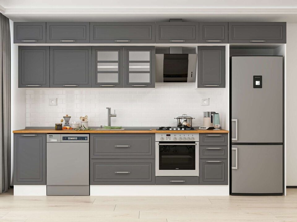 Alvinka 375X240 Cm Klasik Mebran Mutfak Dolabı Mb-E90S45S40-3 Mebran | Antrasit - Mdf
