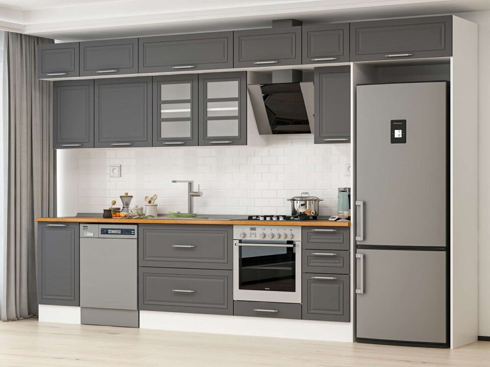 Alvinka 375X240 Cm Klasik Mebran Mutfak Dolabı Mb-E90S45S40-3 Mebran | Antrasit - Mdf