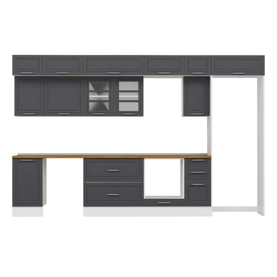 Alvinka 375X240 Cm Klasik Mebran Mutfak Dolabı Mb-E90S45S40-3 Mebran | Antrasit - Mdf