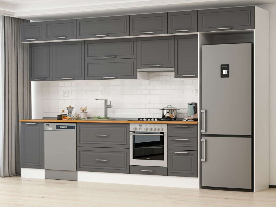 Alvinka 380X240 Cm Klasik Mebran Mutfak Dolabı Mb-E90S45S45-1 Mebran | Antrasit - Suntalam