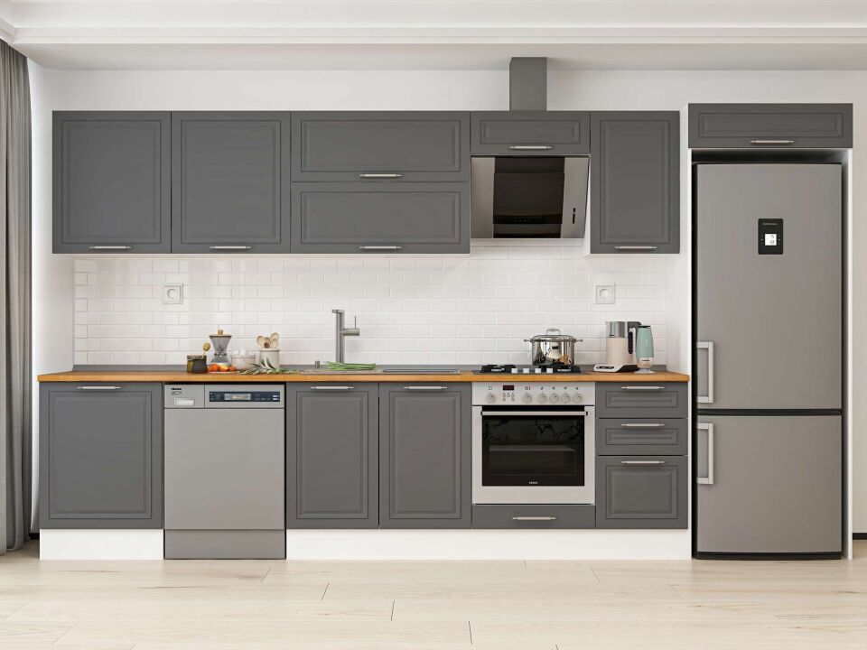 Alvinka 395X222 Cm Klasik Mebran Mutfak Dolabı Mb-E90S60S45-2 Mebran | Antrasit - Mdf