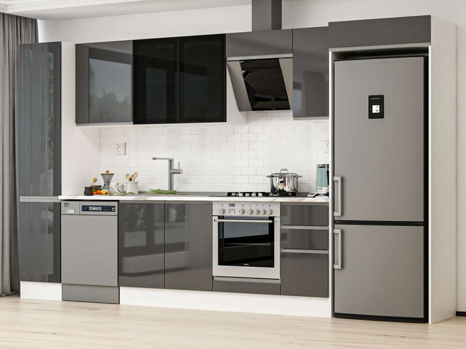 Alvinka 365X222 Cm High Gloss Mutfak Dolabı Mbb-E80B45S40-3 High Gloss | Antrasit - Suntalam