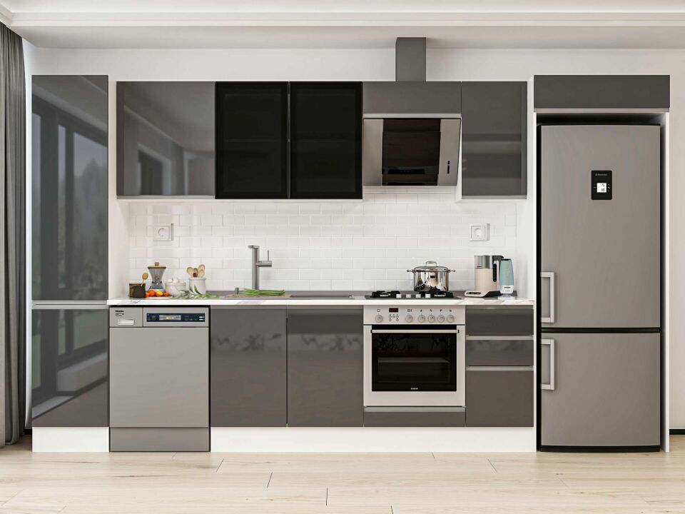 Alvinka 365X222 Cm High Gloss Mutfak Dolabı Mbb-E80B45S40-3 High Gloss | Antrasit - Mdf