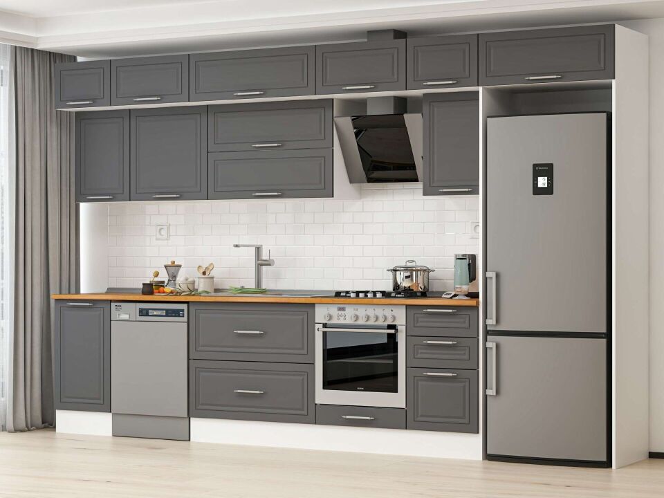 Alvinka 380X240 Cm Klasik Mebran Mutfak Dolabı Mb-E90S45S45-2 Mebran | Antrasit - Suntalam