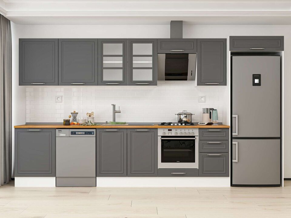 Alvinka 395X222 Cm Klasik Mebran Mutfak Dolabı Mb-E90S60S45-3 Mebran | Antrasit - Mdf