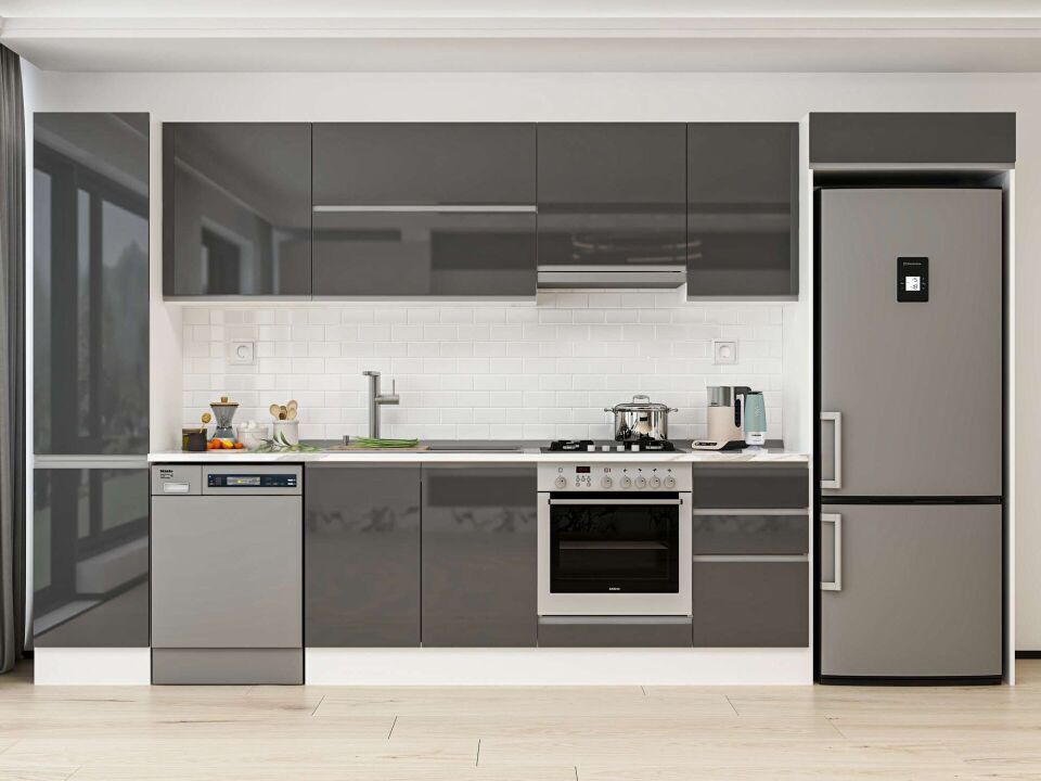 Alvinka 370X222 Cm High Gloss Mutfak Dolabı Mbb-E80B45S45-1 High Gloss | Antrasit - Mdf