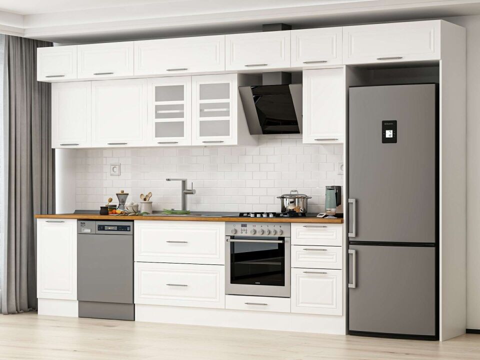 Alvinka 380X240 Cm Klasik Mebran Mutfak Dolabı Mb-E90S45S45-3 Mebran | Beyaz - Suntalam