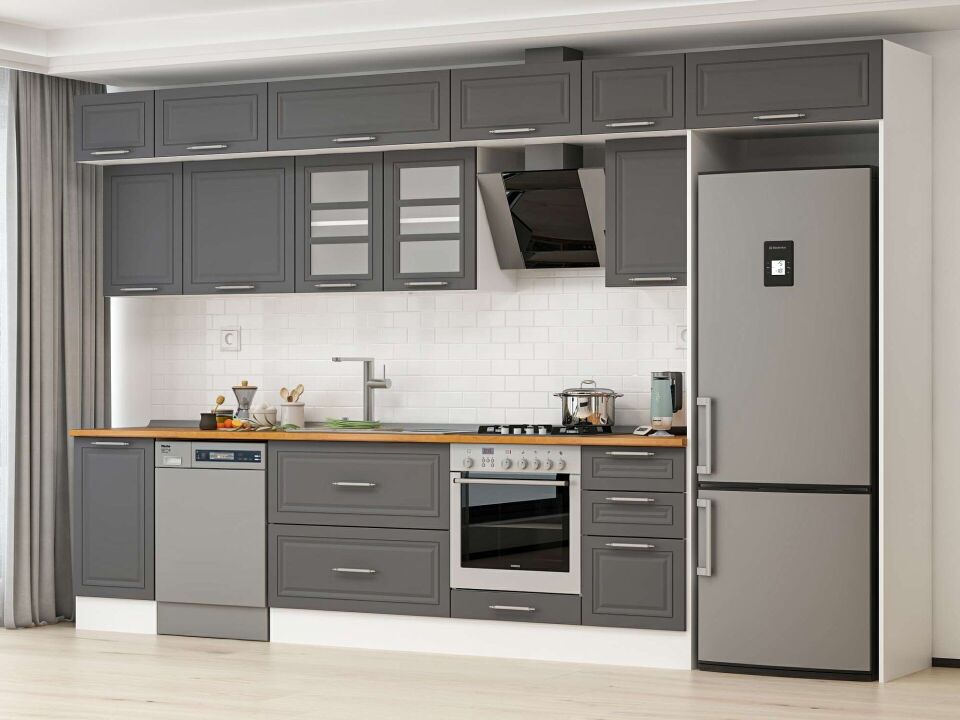 Alvinka 380X240 Cm Klasik Mebran Mutfak Dolabı Mb-E90S45S45-3 Mebran | Antrasit - Suntalam