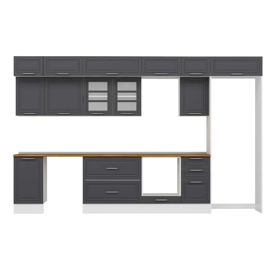 Alvinka 380X240 Cm Klasik Mebran Mutfak Dolabı Mb-E90S45S45-3 Mebran | Antrasit - Suntalam