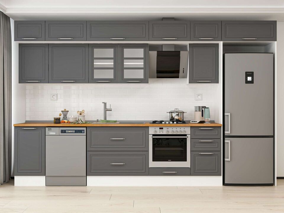 Alvinka 380X240 Cm Klasik Mebran Mutfak Dolabı Mb-E90S45S45-3 Mebran | Antrasit - Mdf