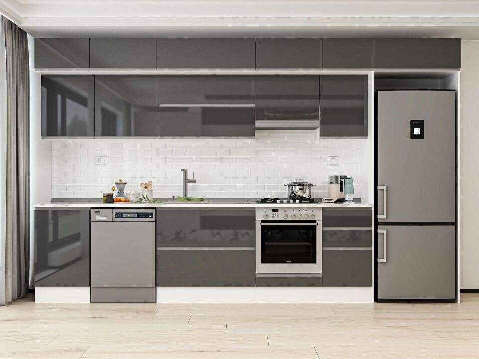 Alvinka 385X240 Cm High Gloss Mutfak Dolabı Mb-E90S50S45-1 High Gloss | Antrasit - Mdf