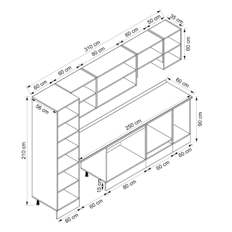 Alvinka 310X210 Cm Klasik Mebran Mutfak Dolabı Beyaz Beyaz Mb-E80B60S50-1