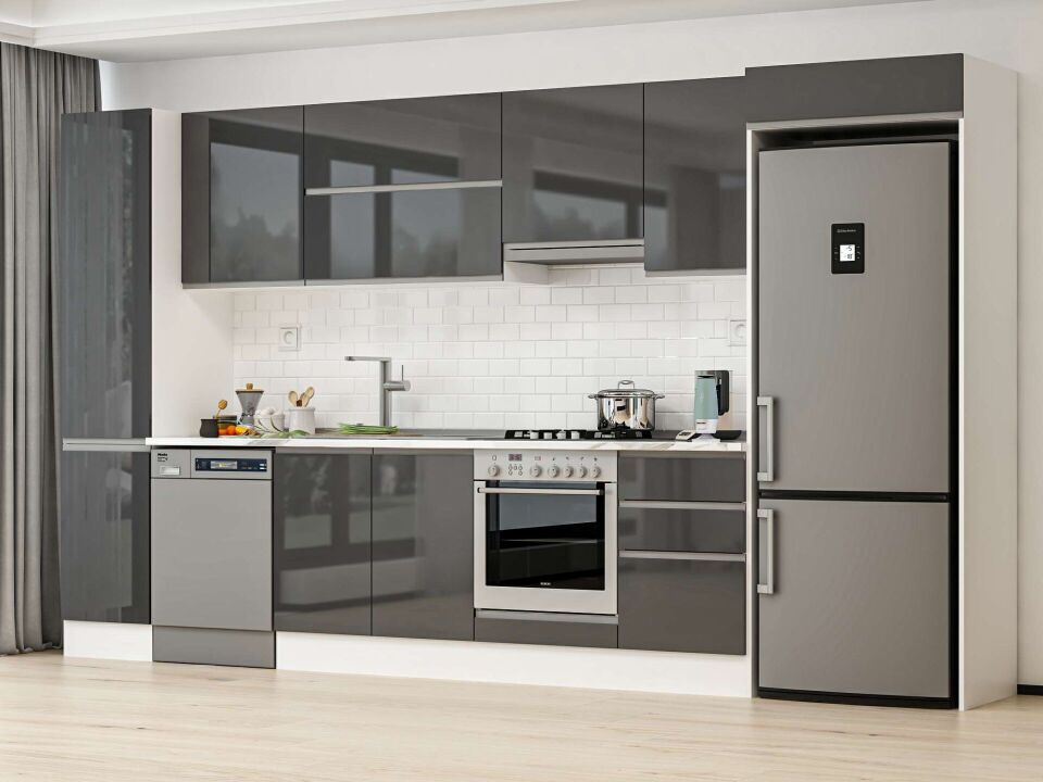 Alvinka 375X222 Cm High Gloss Mutfak Dolabı Mbb-E80B45S50-1 High Gloss | Antrasit - Suntalam