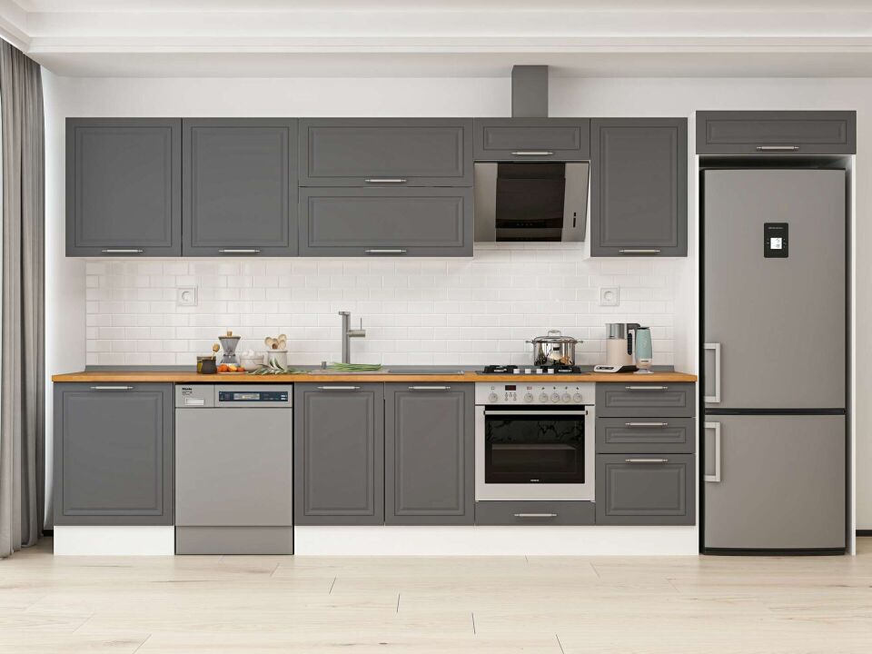 Alvinka 400X222 Cm Klasik Mebran Mutfak Dolabı Mb-E90S60S50-2 Mebran | Antrasit - Mdf