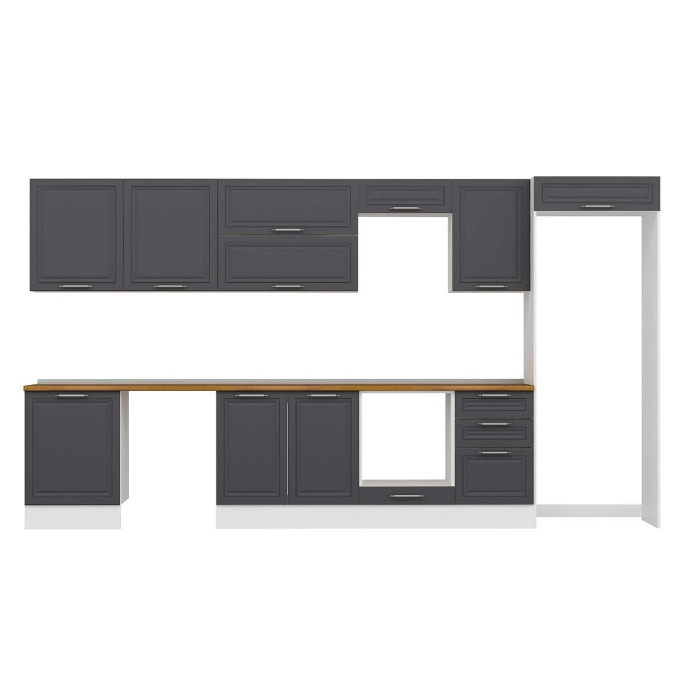 Alvinka 400X222 Cm Klasik Mebran Mutfak Dolabı Mb-E90S60S50-2 Mebran | Antrasit - Mdf