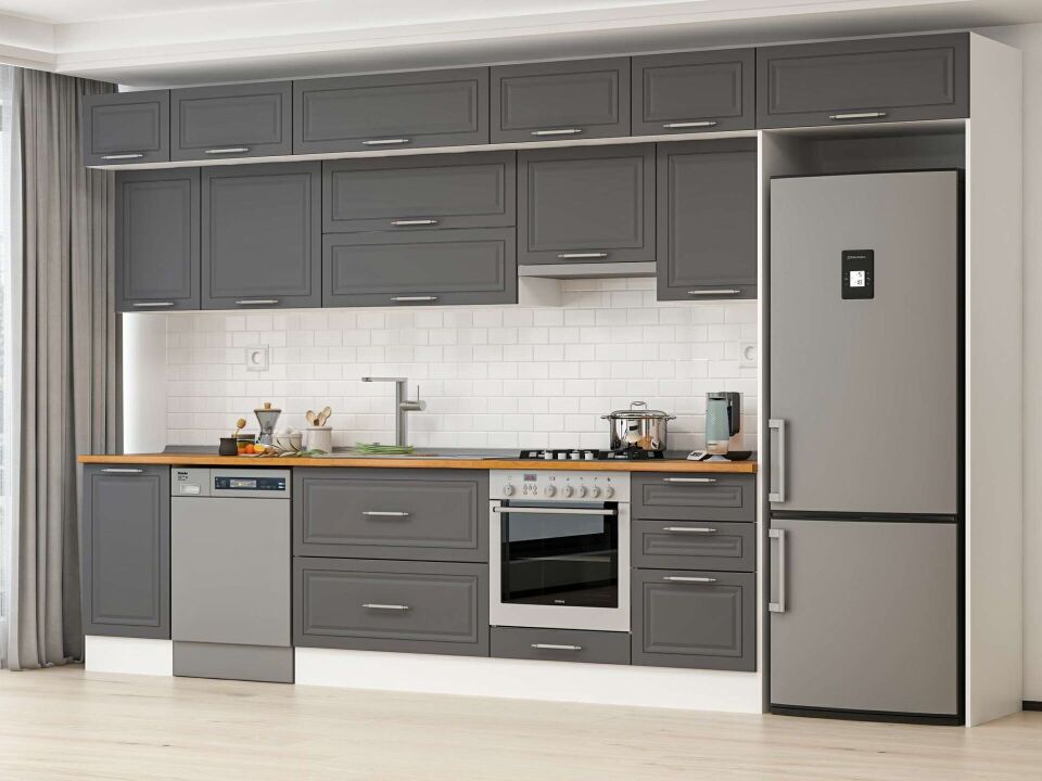 Alvinka 385X240 Cm Klasik Mebran Mutfak Dolabı Mb-E90S45S50-1 Mebran | Antrasit - Mdf