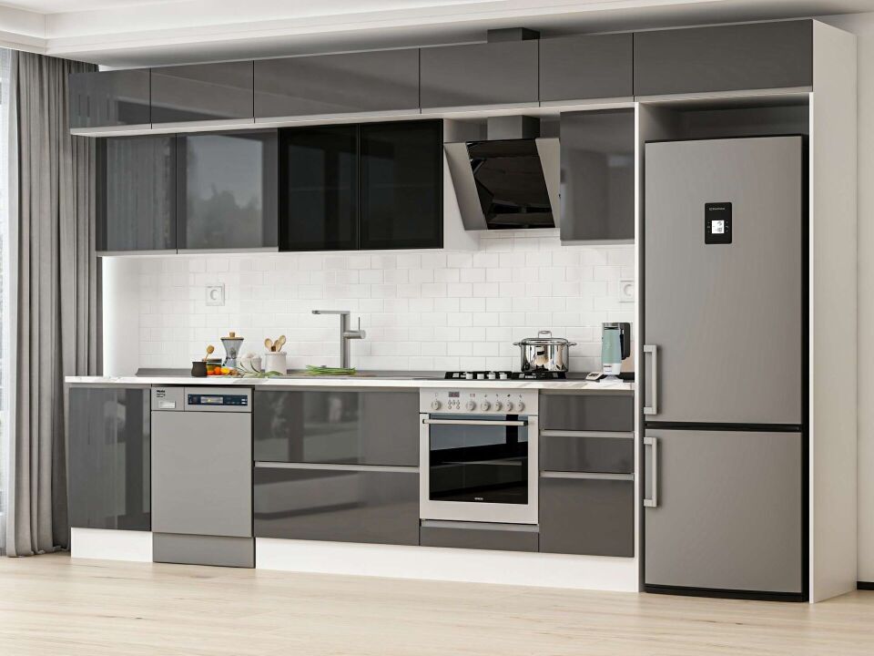 Alvinka 385X240 Cm High Gloss Mutfak Dolabı Mb-E90S50S45-3 High Gloss | Antrasit - Suntalam