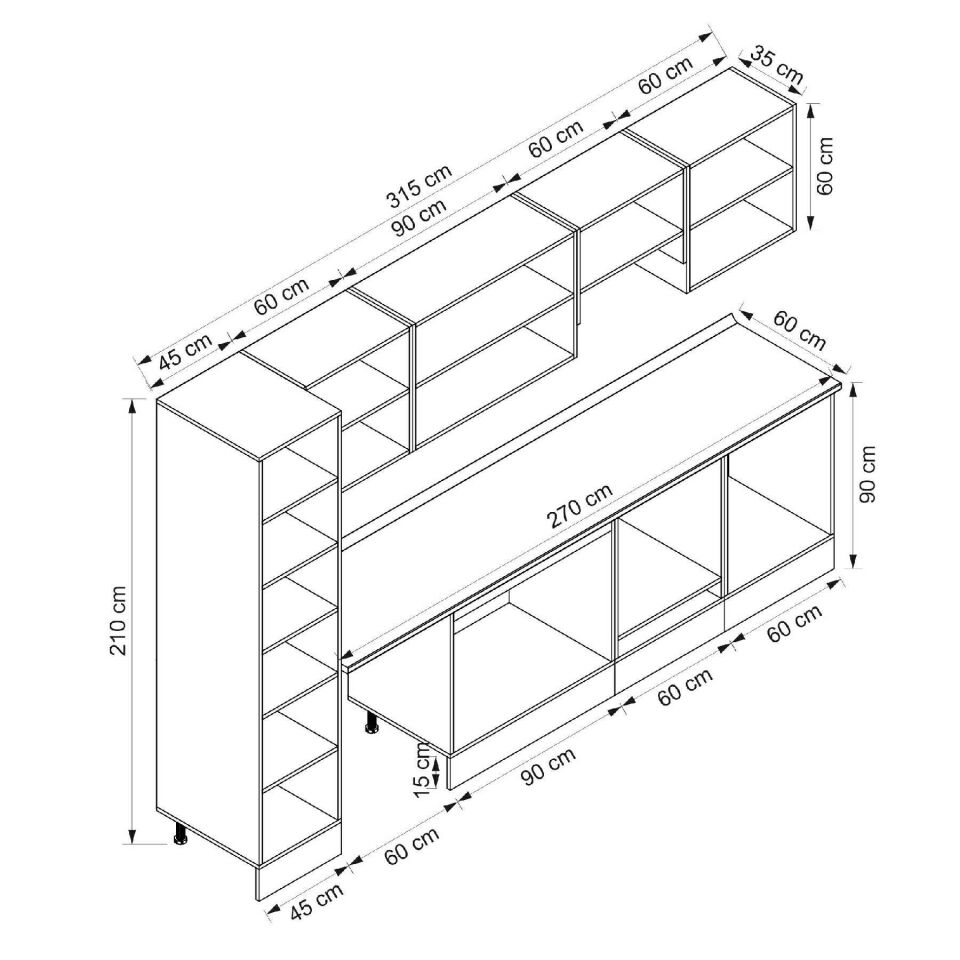 Alvinka 315X210 Cm Klasik Mebran Mutfak Dolabı Mb-E90B45S60-1 Mebran | Antrasit - Mdf