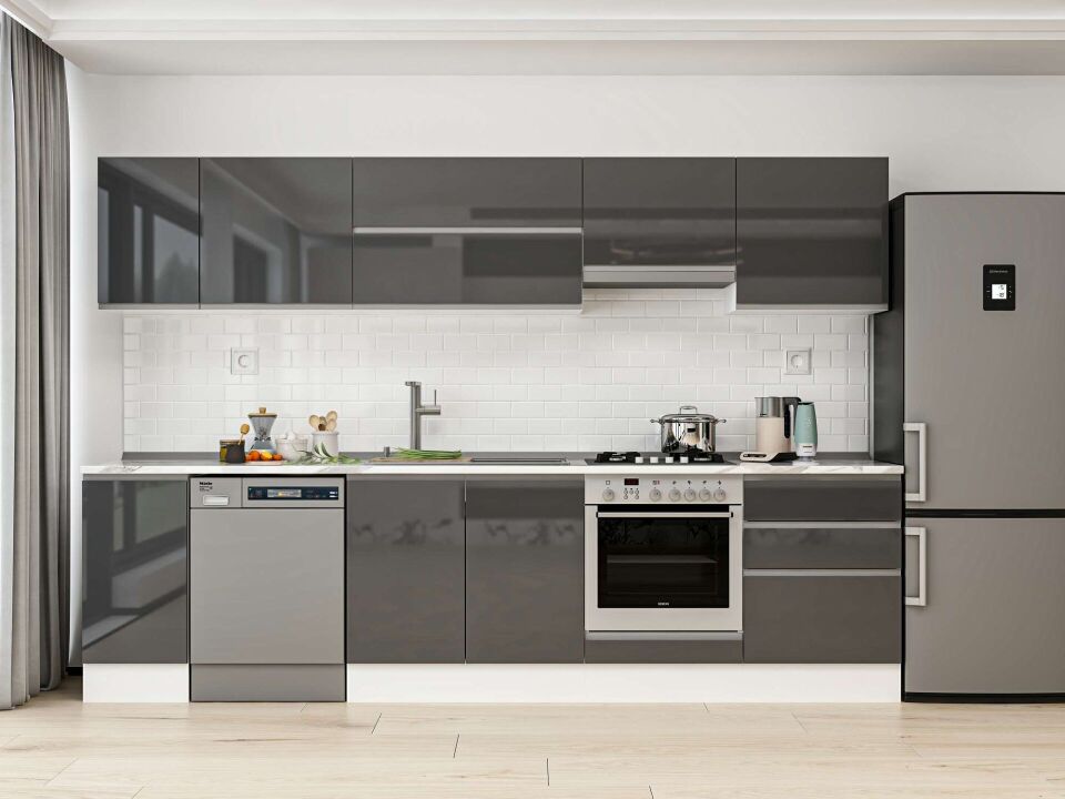 Alvinka 300X210 Cm High Gloss Mutfak Dolabı M-E80S40S60-1 High Gloss | Antrasit - Mdf