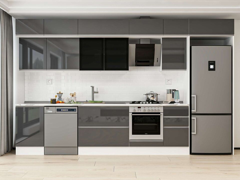 Alvinka 385X240 Cm High Gloss Mutfak Dolabı Mb-E90S50S45-3 High Gloss | Antrasit - Mdf