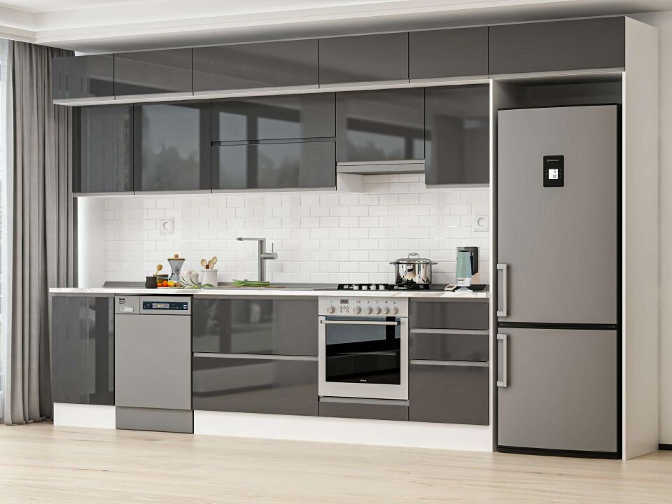 Alvinka 390X240 Cm High Gloss Mutfak Dolabı Mb-E90S50S50-1 High Gloss | Antrasit - Suntalam