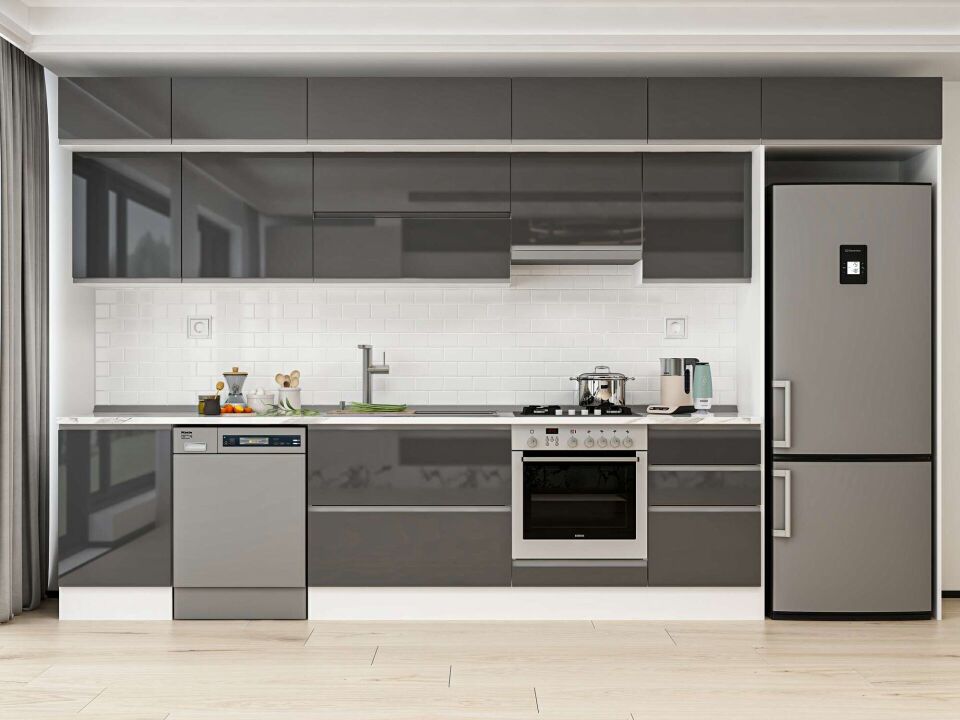 Alvinka 390X240 Cm High Gloss Mutfak Dolabı Mb-E90S50S50-1 High Gloss | Antrasit - Mdf