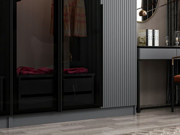 Kale Plus 6 Mebran Kapaklı 4Ç Dolap Antrasit Mebran Füme Cam 190CM