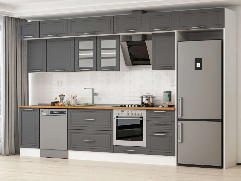 Alvinka 385X240 Cm Klasik Mebran Mutfak Dolabı Mb-E90S45S50-3 Mebran | Antrasit - Suntalam