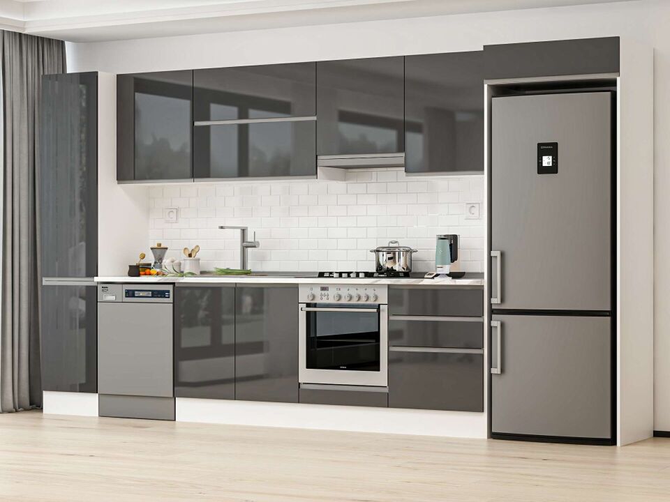 Alvinka 385X222 Cm High Gloss Mutfak Dolabı Mbb-E80B45S60-1 High Gloss | Antrasit - Suntalam