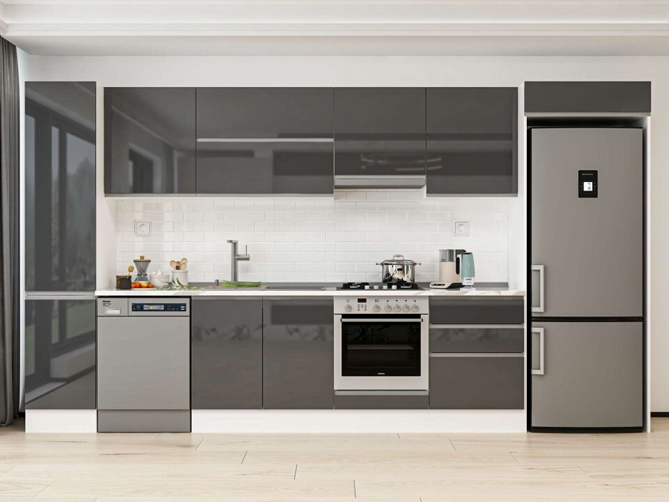 Alvinka 385X222 Cm High Gloss Mutfak Dolabı Mbb-E80B45S60-1 High Gloss | Antrasit - Mdf