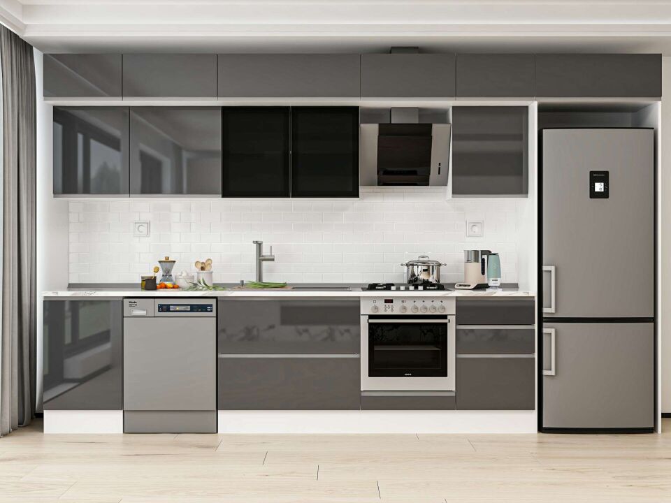 Alvinka 390X240 Cm High Gloss Mutfak Dolabı Mb-E90S50S50-3 High Gloss | Antrasit - Mdf